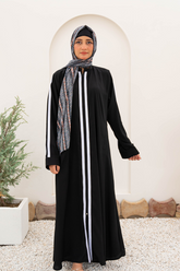 Striped Zipper Abaya - Black - Jalbaab