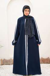Striped Zipper Abaya - Navy Blue - Jalbaab