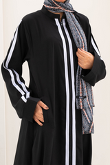 Striped Zipper Abaya - Black - Jalbaab