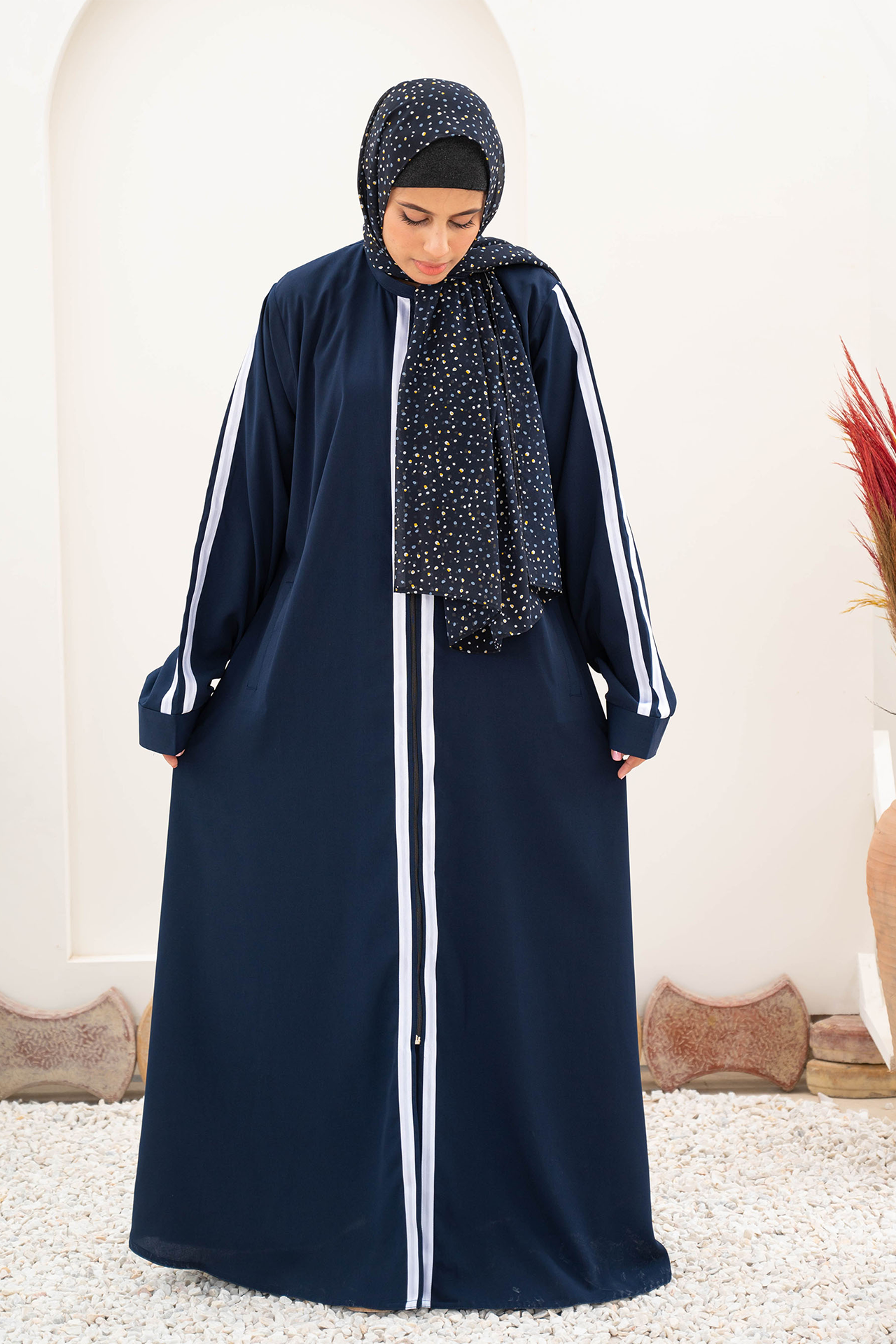 Striped Zipper Abaya - Navy Blue