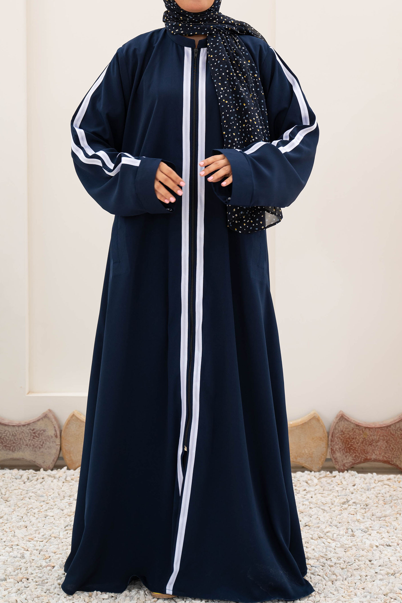 Striped Zipper Abaya - Navy Blue