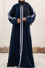 Striped Zipper Abaya - Navy Blue - Jalbaab