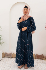 Wavey Dots Printed Maxi Abaya - Blue - Jalbaab