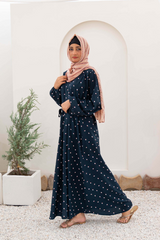 Wavey Dots Printed Maxi Abaya - Blue - Jalbaab