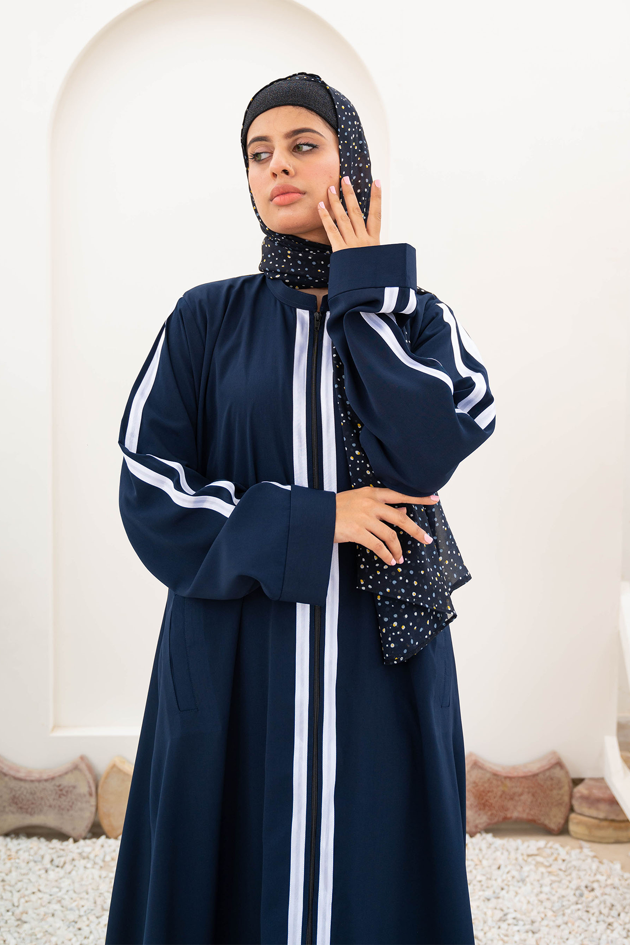Striped Zipper Abaya - Navy Blue