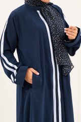 Striped Zipper Abaya - Navy Blue - Jalbaab