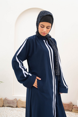 Striped Zipper Abaya - Navy Blue