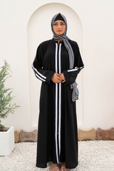 Striped Zipper Abaya - Black - Jalbaab
