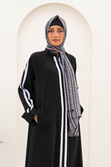 Striped Zipper Abaya - Black - Jalbaab