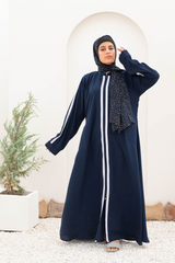 Striped Zipper Abaya - Navy Blue - Jalbaab