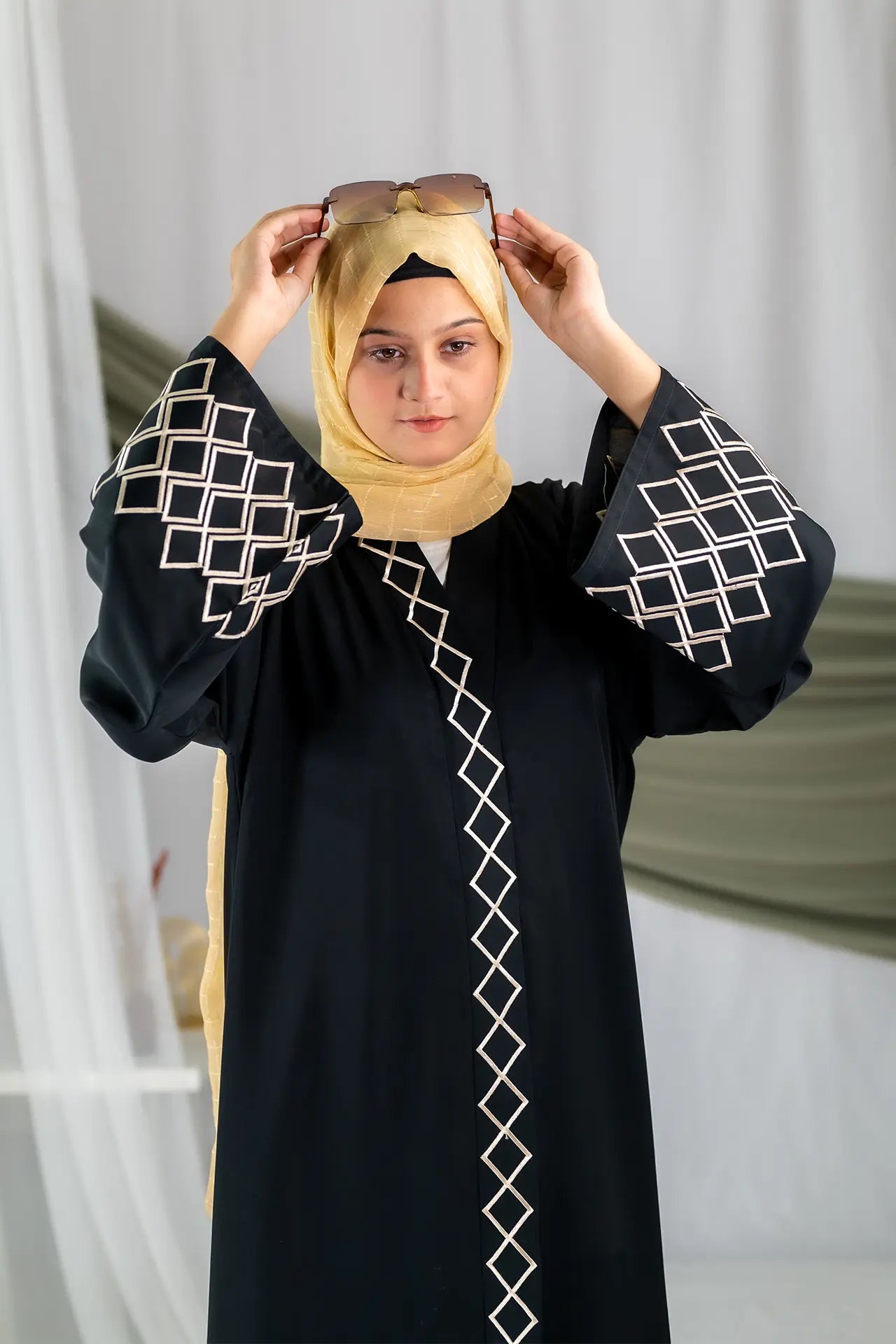 Almas - Black Golden Embroidered Gown Abaya