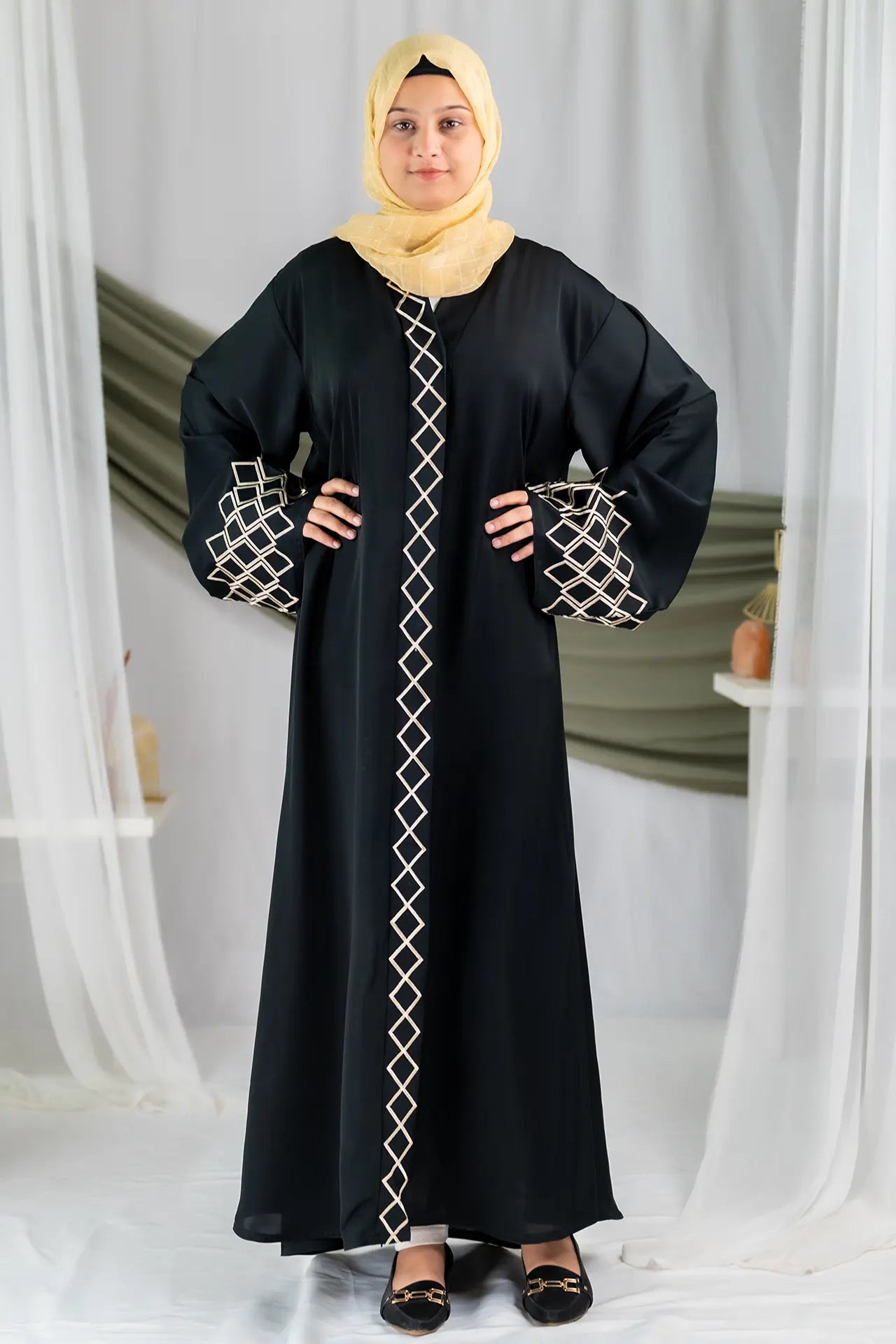 Almas - Black Golden Embroidered Gown Abaya