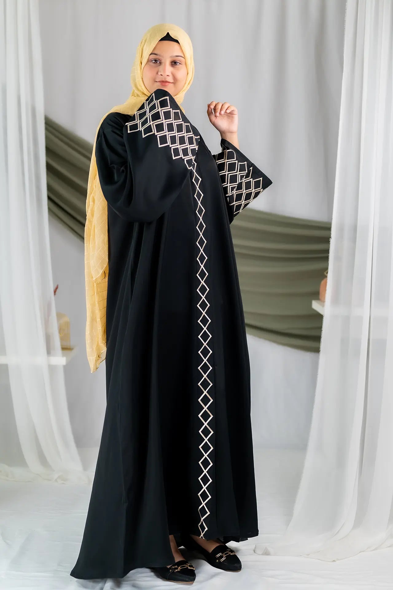 Almas - Black Golden Embroidered Gown Abaya