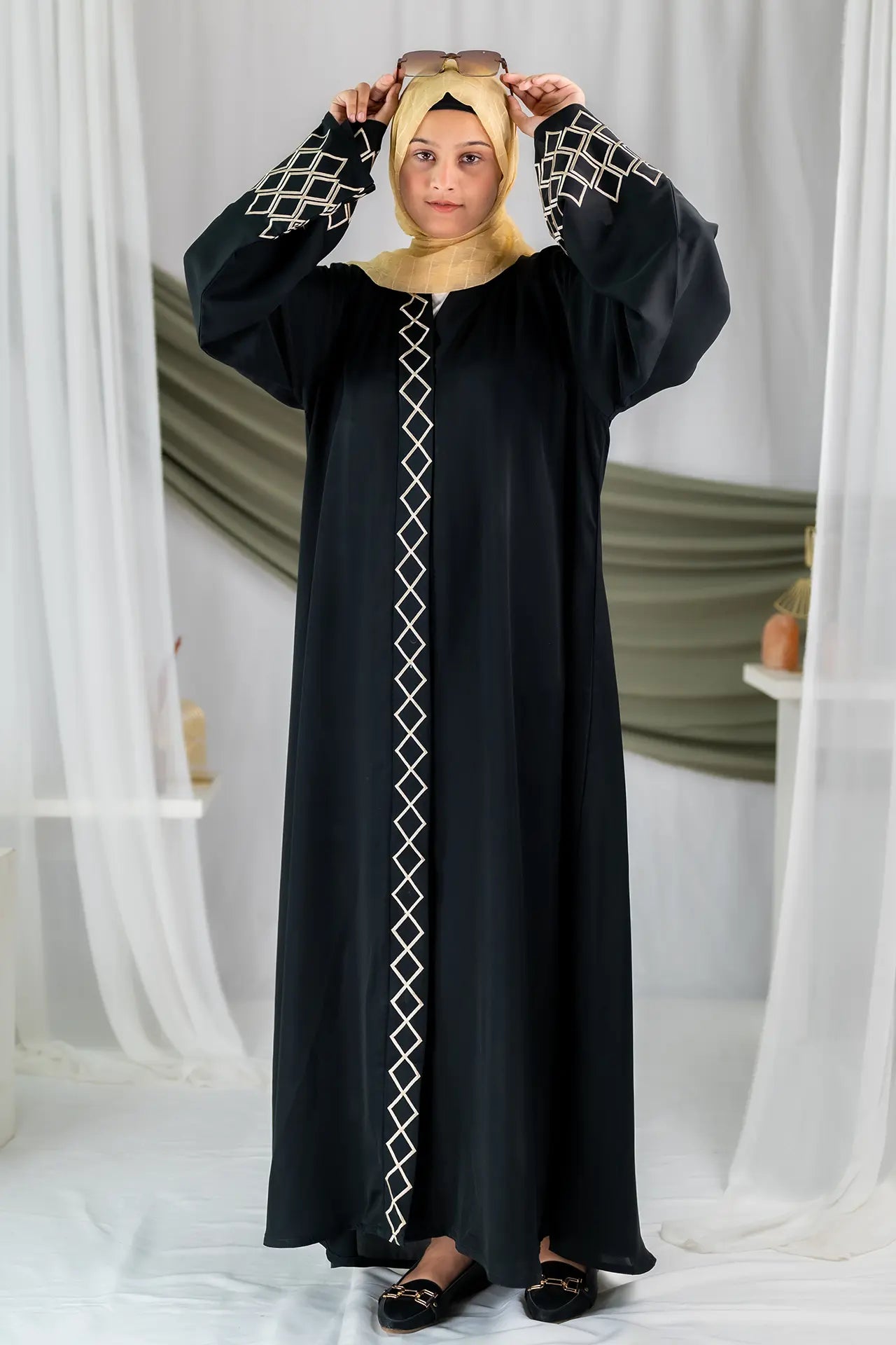 Almas - Black Golden Embroidered Gown Abaya