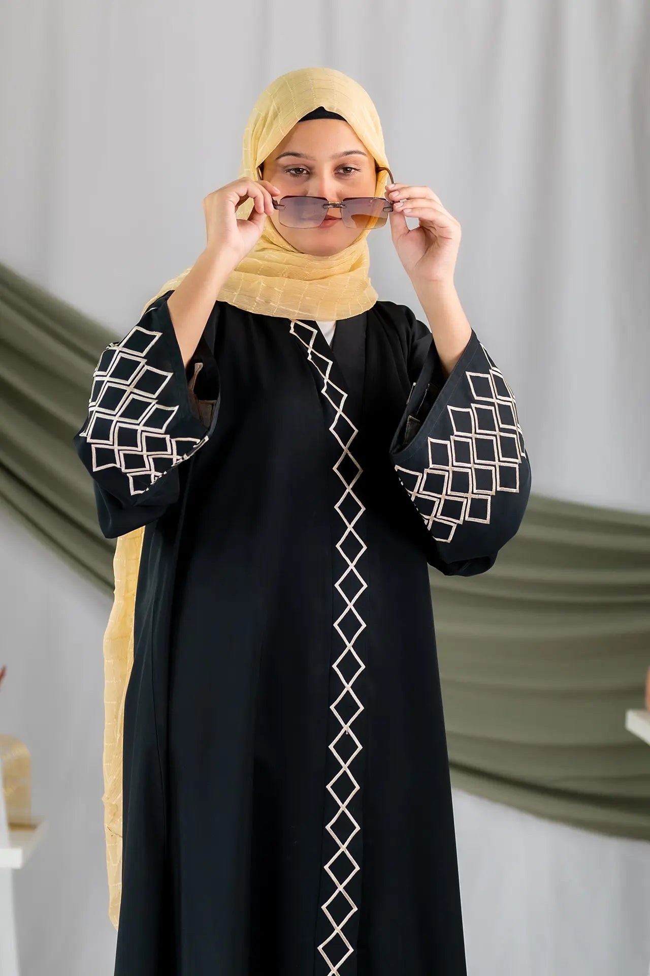 Almas - Black Golden Embroidered Gown Abaya