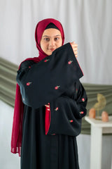 Wardha - Black Red Flower Embroidery Abaya