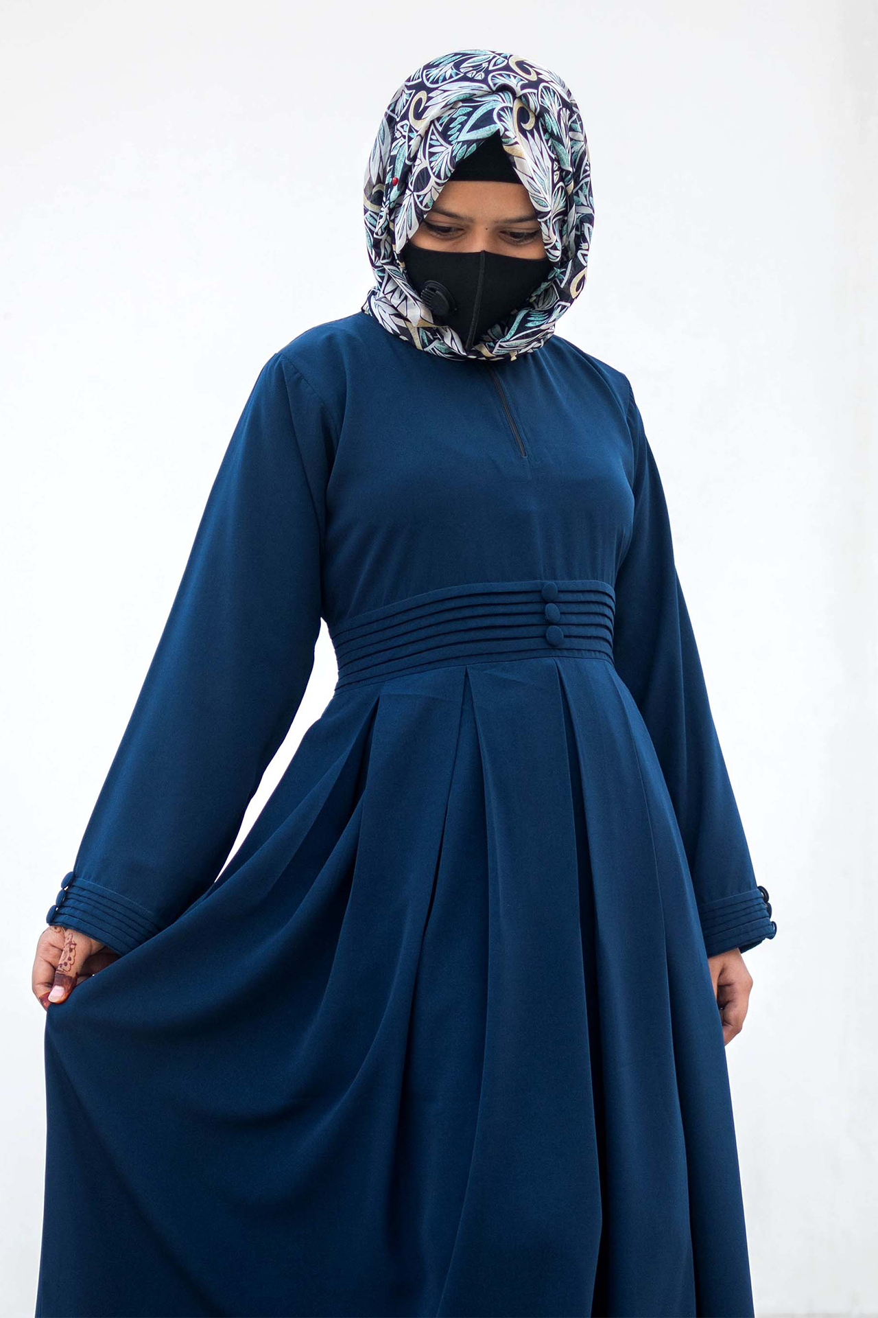 Platted Waist Maxi Abaya - Ocean Blue